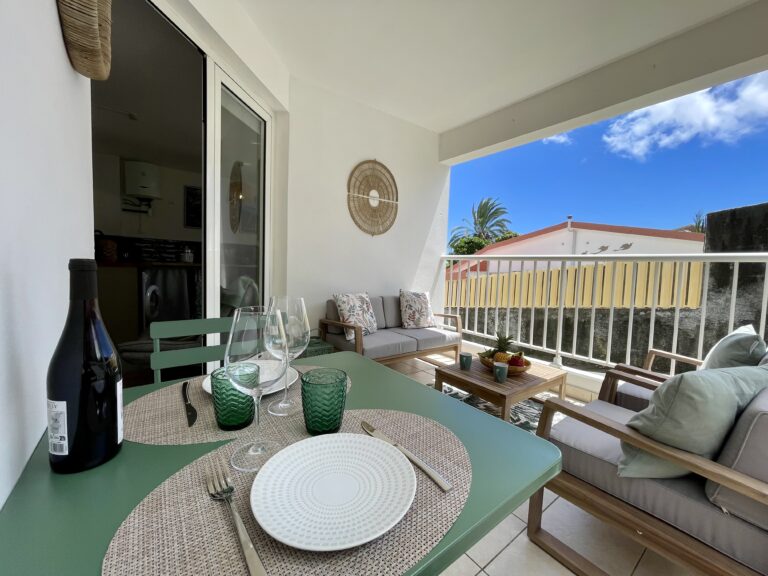 Photo du coin repas sous la varangue, avec table dressée